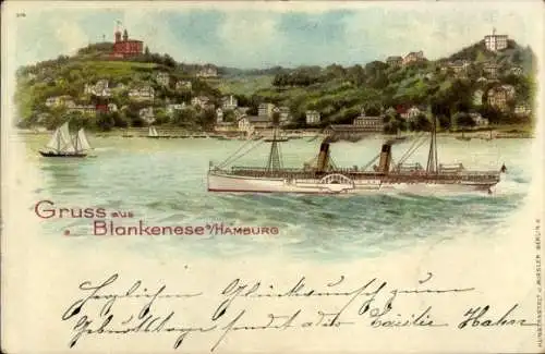 Litho Hamburg Altona Blankenese, Gesamtansicht, Dampfer, Segelboot