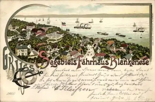 Litho Hamburg Altona Blankenese, Elbpanorama, Sagebiels-Fährhaus