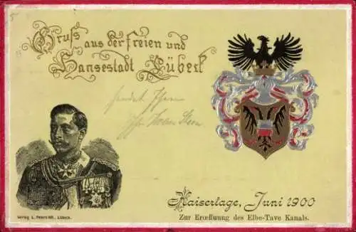 Präge Wappen Litho Hansestadt Lübeck, Kaisertage, Juni 1900, Elbe-Tave-Kanal, Eröffnung