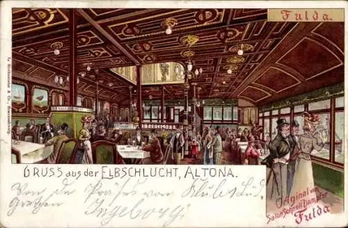Litho Hamburg Altona Ottensen, Salondampfer Fulda, Innenansicht unter Deck, Elbschlucht Restaurant