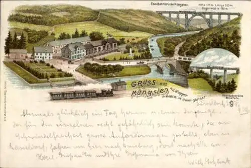 Litho Müngsten Wuppertal in Nordrhein Westfalen, Gasthaus von W. Baumgärtner, Eisenbahnbrücke