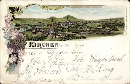 Litho Kirchen an der Sieg, Panorama, Blumen