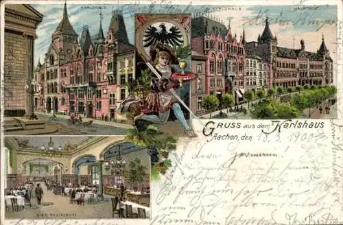 Litho Aachen, Karlshaus, Bier-Restaurant, Wappen, Mann mit Schwert