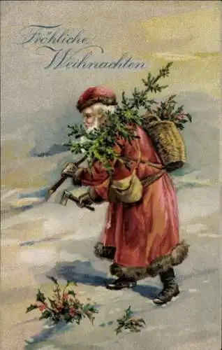Ak Glückwunsch Weihnachten, Mann mit Tannenbaum, Stechpalme, Korb