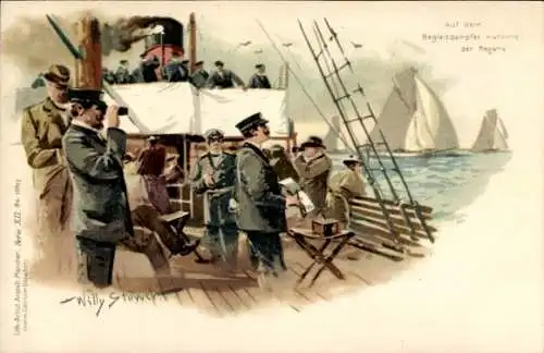 Künstler Litho Stöwer, W., Begleitdampfer während der Regatta, Segelboote