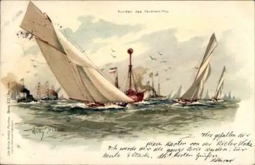 Künstler Litho Stöwer, Willy, Runden des Feuerschiffes, Segelyachten, Regatta