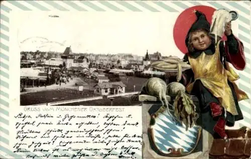 Präge Passepartout Ak München Bayern, Oktoberfest, Münchner Kindl, Bierkrug, Weißwurst, Wappen