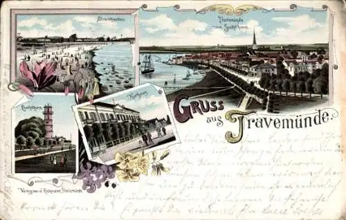 Litho Travemünde Lübeck Schleswig Holstein, Leuchtturm, Kurhaus, Strand