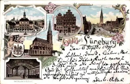 Litho Lüneburg in Niedersachsen, Wappen, Markt, Rathaus, Nikolaikirche, Altes Haus am Sand