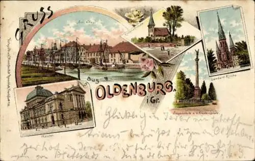 Litho Oldenburg im Großherzogtum Oldenburg, Theater, Kirche, Friedensplatz, Siegessäule