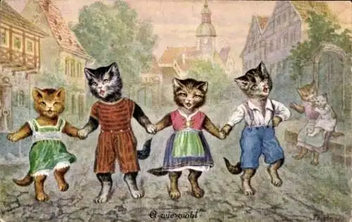 Künstler Ak Row, F., Vermenschlichte singende Katzen auf einer Straße