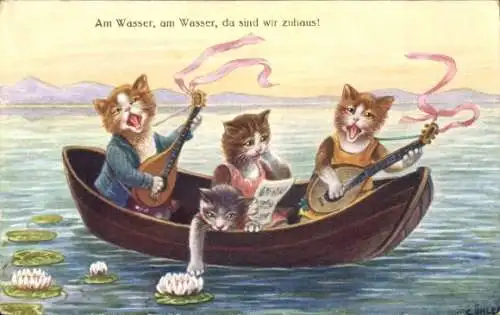 Künstler Ak Vermenschlichte Katzen im Ruderboot, singend, Lauten