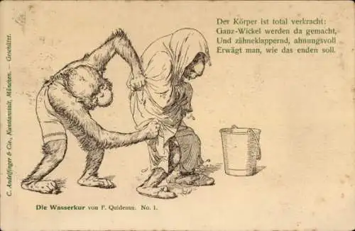 Künstler Ak Quidenus, F., Wasserkur, Vermenschlichte Affen, Der Körper ist total verkracht...