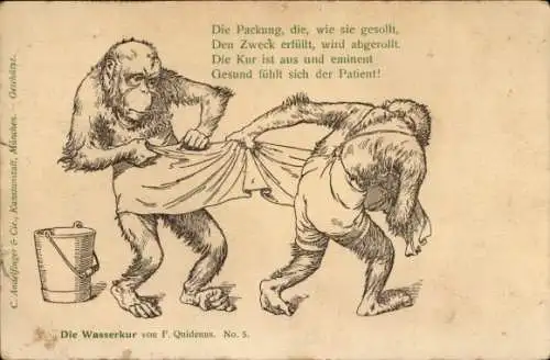 Künstler Ak Quidenus, F., Wasserkur, Vermenschlichte Affen, Gesund fühlt sich der Patient