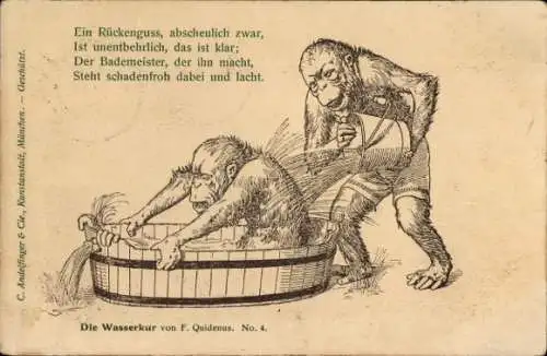 Künstler Ak Quidenus, F., Wasserkur, Vermenschlichte Affen, Rückenguss