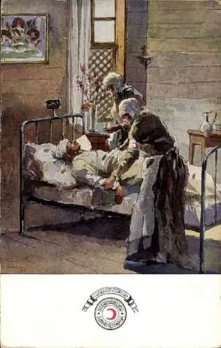 Künstler Ak Verwundeter Soldat im Bett, Krankenschwestern, Fürsorge