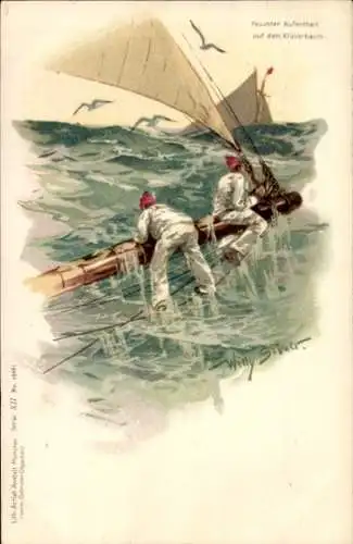 Künstler Litho Stöwer, Willy, Feuchter Aufenthalt auf dem Klüverbaum, Seeleute, Segelschiff