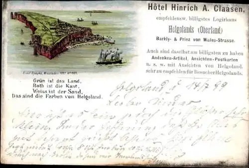 Litho Helgoland, Gesamtansicht, Hotel Hinrich A. Claasen, Barklystraße, Prinz von Wales Straße