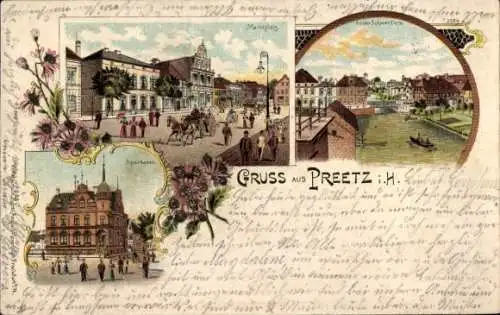 Litho Preetz in Holstein, Marktplatz, An der Schwentine, Sparkasse