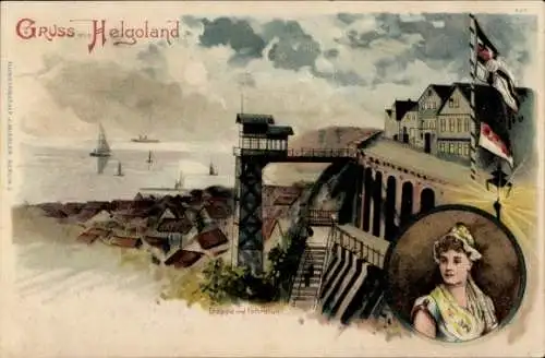 Mondschein Litho Helgoland, Treppe und Fahrstuhl zum Oberland, Frau in Tracht