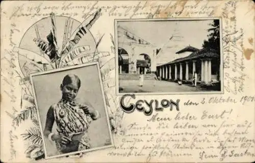 Ak Ceylon Sri Lanka, Frau in Tracht, Tempel, Treppen