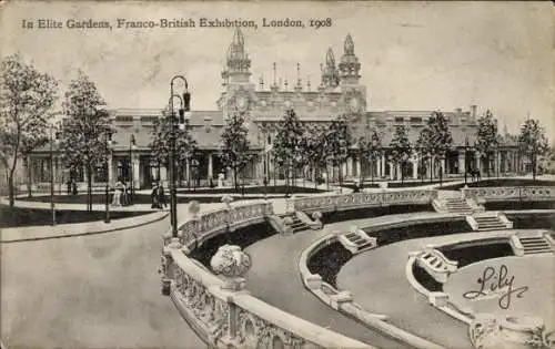 Ak London City England, Französisch-Britische Ausstellung 1908, Elite Gardens