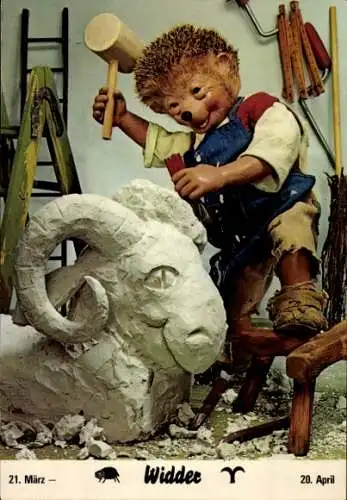 Ak Mecki der Igel als Bildhauer, Sternzeichen Widder, Aries, 21. März bis 20. April