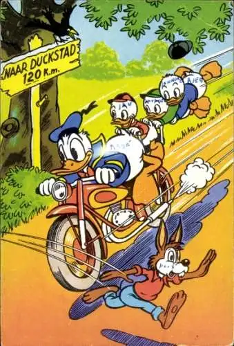 Ak Walt Disney, Donald Duck und Neffen auf einem Motorrad