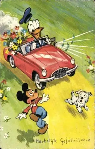 Ak Walt Disney, Micky Maus, Donald Duck, Auto, Hund