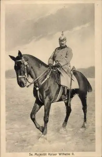 Ak Kaiser Wilhelm II. in Uniformmantel, Pickelhaube, auf einem Pferd