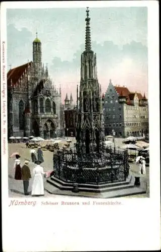 Ak Nürnberg in Mittelfranken, schöner Brunnen, Frauenkirche, Personen