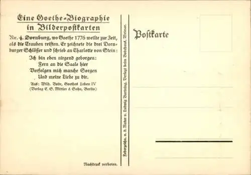 Künstler Ak Dornburg an der Saale Thüringen, Goethe-Biografie, Gedicht, Nr. 4