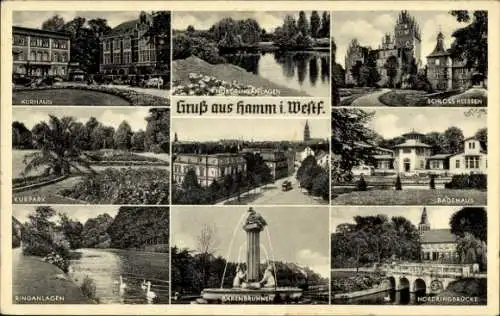 Ak Hamm in Westfalen, Kurpark, Ringanlagen, Bärenbrunnen, Ringbrücke