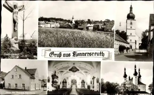 Ak Konnersreuth im Fichtelgebirge Oberfranken, Friedhofskreuz, Haus der Therese Neumann, Kirche
