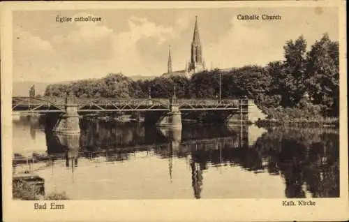 Ak Bad Ems an der Lahn, Katholische Kirche, Brücke