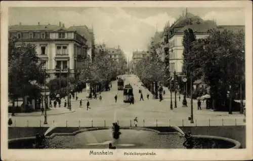 Ak Mannheim in Baden Württemberg, Heidelberger Straße, Springbrunnen, Straßenbahn