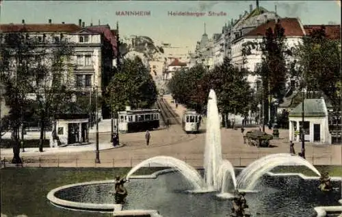 Ak Mannheim in Baden, Heidelberger Straße, Springbrunnen, Straßenbahnen