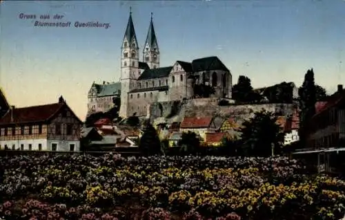 Ak Quedlinburg im Harz, Blumenstadt, Teilansicht, Kirche