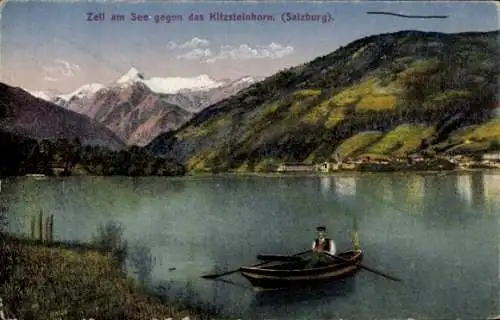 Ak Zell am See in Salzburg, Blick gegen das Kitzsteinhorn, Ruderpartie