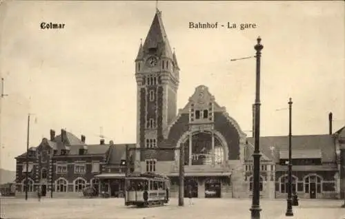 Ak Colmar Kolmar Elsass Haut Rhin, Bahnhof, Straßenbahn