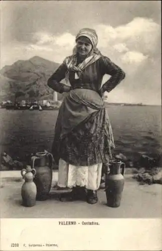 Ak Palermo Sicilia Italien, Frau in italienischer Tracht, Wasserkrüge