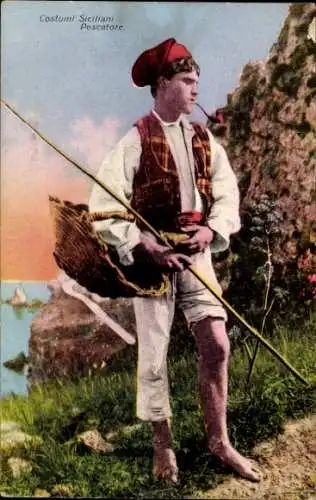 Ak Sicilia Italien, Junger Mann in Tracht, Pferde, Korb