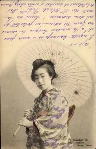 Ak Japan, Junge Frau in japanischer Tracht, Sonnenschirm, Kimono