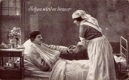 Ak Schon wird es besser, Krankenschwester, verwundeter Soldat im Krankenbett