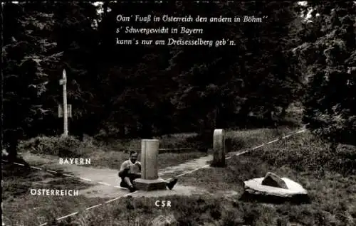 Ak Dreiländergrenze zwischen Deutschland, Österreich und CSR, Grenzstein