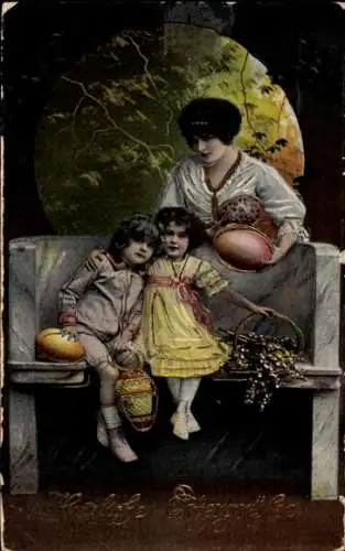 Ak Glückwunsch Ostern, Frau und Kinder mit Ostereiern
