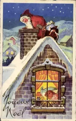 Ak Glückwunsch Weihnachten, Weihnachtsmann am Schornstein, schlafendes Kind