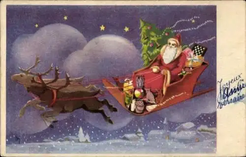 Ak Glückwunsch Weihnachten, Weihnachtsmann fliegt im Rentierschlitten