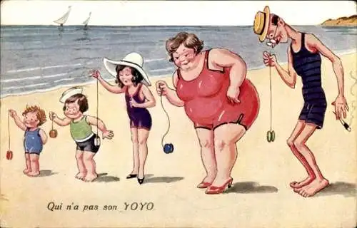 Ak Personen in Badeanzügen spielen am Strand mit Jojos