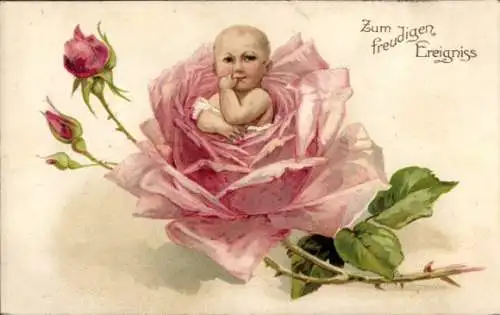 Präge Ak Glückwunsch Geburt, Baby in einer Rosenblüte